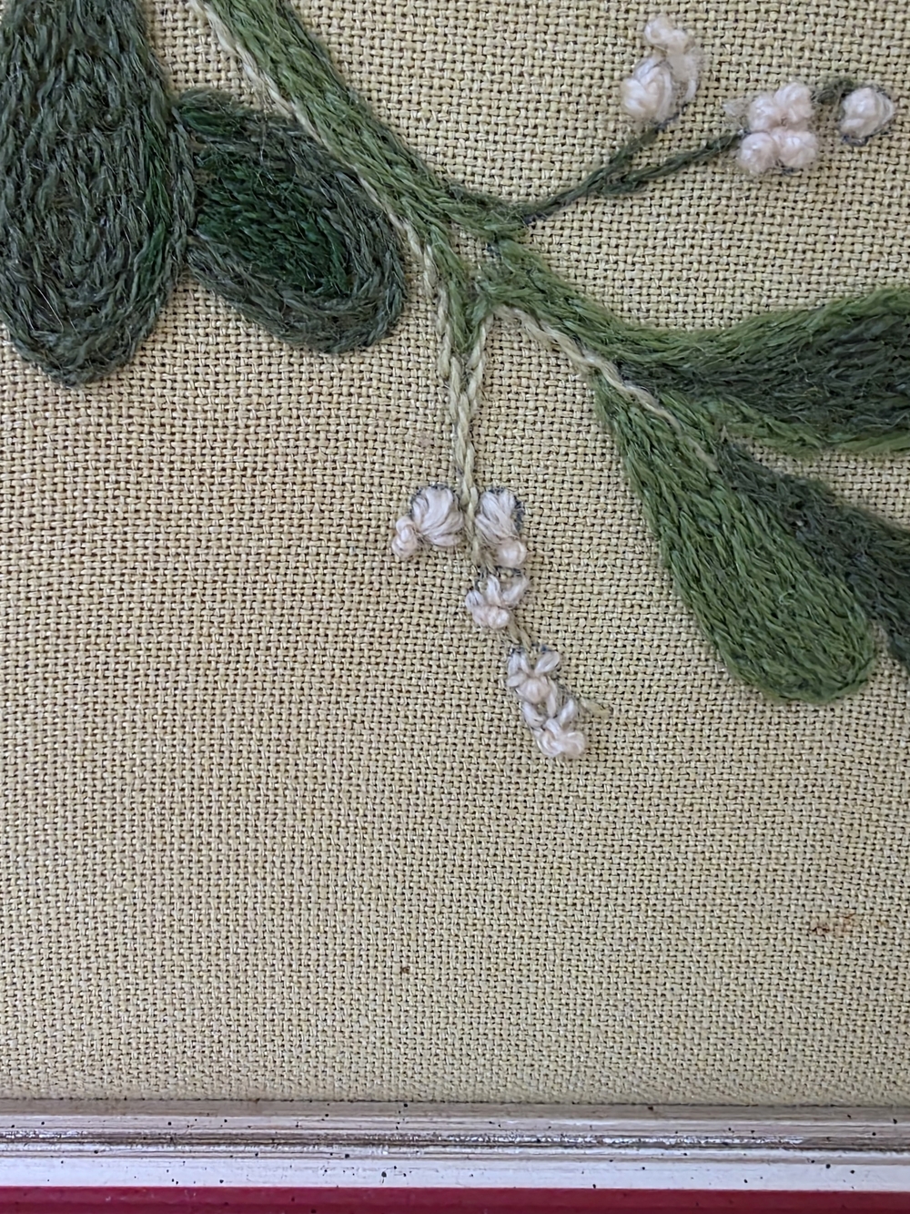 Vintage Mid Century Modern Crewel Embroidery Cardinals Mistletoe Framed Wall Art - Picture 9 of 16
